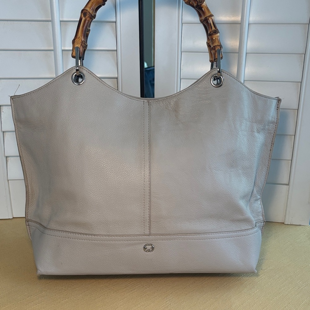 Emma Fox Gray Pebbled Leather Bag Tote Bamboo Handles